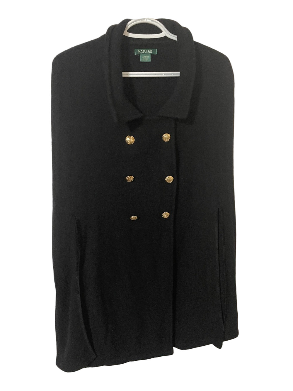 Vintage Lauren Ralph Lauren Black Lambswool Blend Double-Breasted Cape O/S